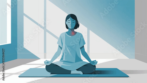 Illustration Of Person With Chronic Pain Is Sitting Cross-Legged On A Yoga Mat, Eyes Closed, In A Serene Room Vector Design Template