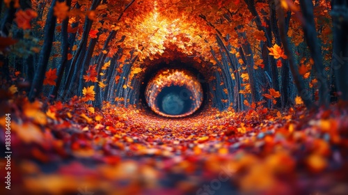 A mesmerizing tunnel of autumn foliage leading to a mysterious light