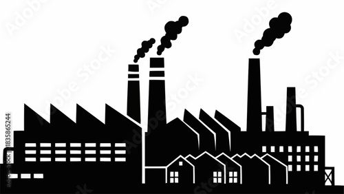 Industrial Factory with Smoke Stacks and Buildings Silhouette.