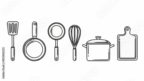 Kitchen Utensils - Spatula, Pans, Whisk, Pot, and Cutting Board Line Art.