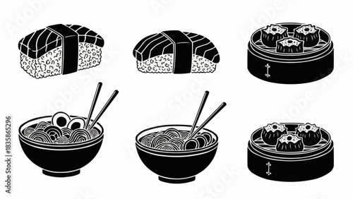 Delicious Asian Cuisine Collection - Sushi, Dumplings, and Noodle Bowls.