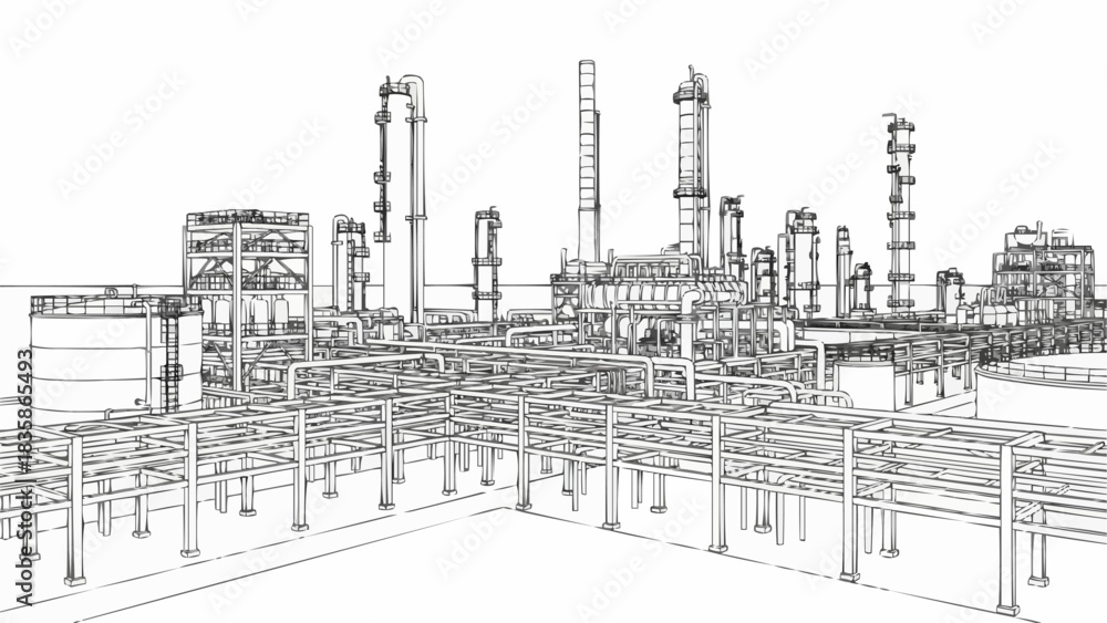 Obraz premium Architectural sketch of a large industrial oil refinery plant.