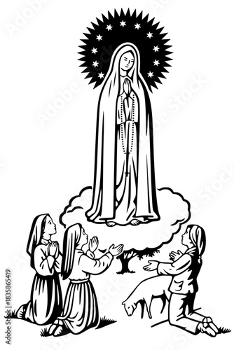 Religious illustration depicting Our Lady of Fatima apparition with radiant halo appearing on cloud to three shepherd children kneeling in prayer.
