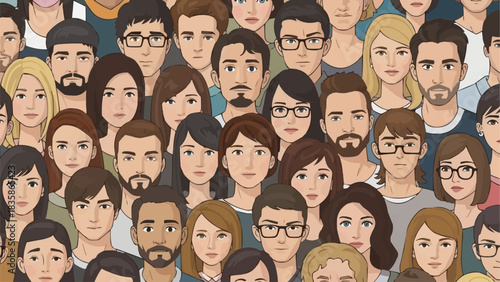 Diverse group of people standing together in a crowd.