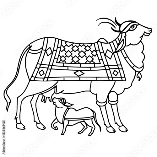 Black line art vector of a highly decorated Hindu sacred cow (Kamadhenu) and her calf, symbolizing abundance and motherhood.