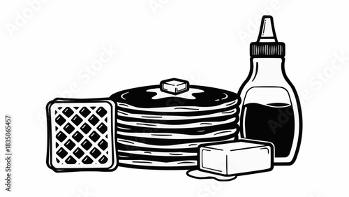 Delicious Breakfast Feast - Pancakes, Waffle, Butter, and Syrup.