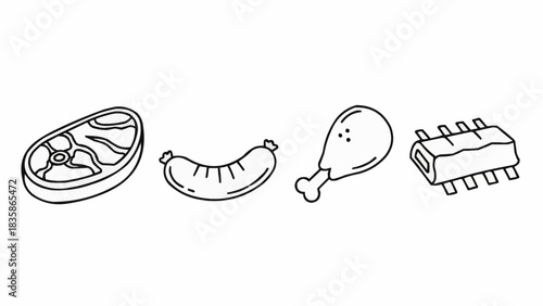 Assortment of various meat cuts including steak sausage chicken leg and ribs.