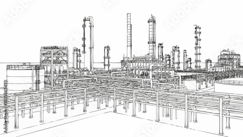 Architectural sketch of a large industrial oil refinery plant.