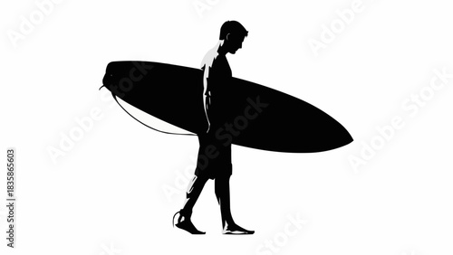 Black silhouette of a male surfer walking with his surfboard.