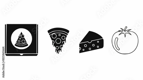 Pizza ingredients and box illustration for food delivery concept.