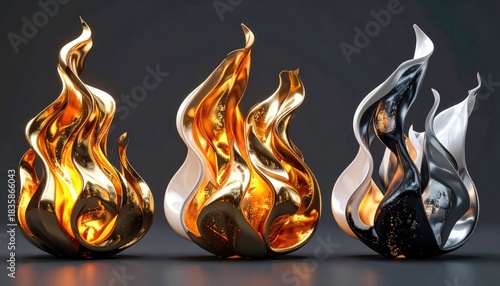 Three abstract stylized flame sculptures
