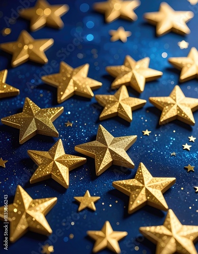 Golden stars scattered on blue texture