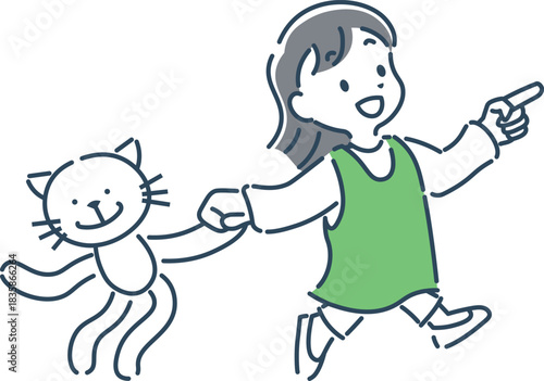 猫のぬいぐるみを持って笑顔で歩く女の子の可愛いシンプルなイラスト素材
