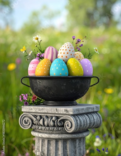 Colorful eggs in bowl on ornate pedestal