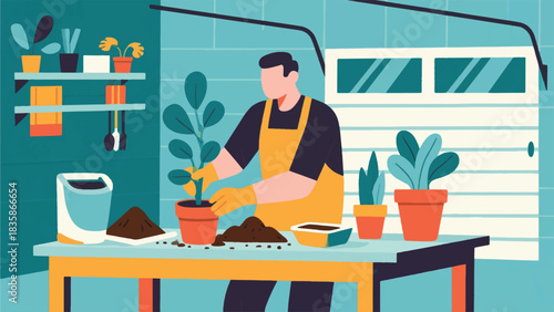 Illustration Of Person Working On A Potting Bench, Re potting Plants And Mixing Soil In A Garage Vector Design Template