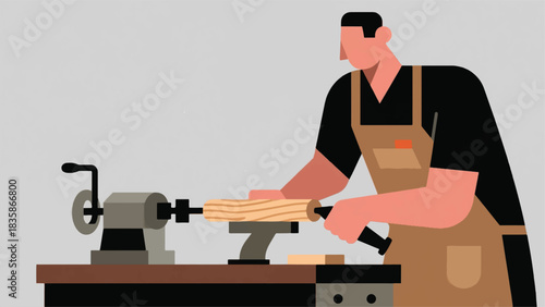 Illustration Of Person Working On A Woodworking Lathe, Shaping A Piece Of Wood Vector Design Template