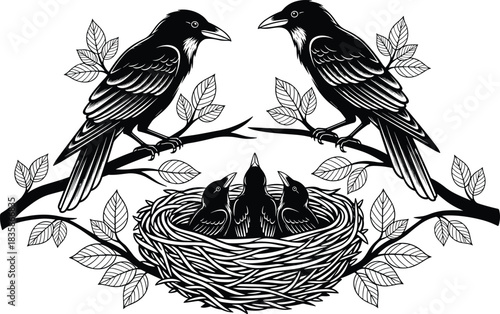 Here is a title and a comprehensive list of keywords for your Adobe Stock vector illustration, focusing on a bird feeding its young in a nest, and themes of nature and family for SEO.