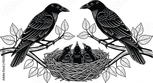 Here is a title and a comprehensive list of keywords for your Adobe Stock vector illustration, focusing on birds, nature, family, and nest for SEO.