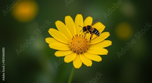 Closeup of a bee collecting pollen from a vibrant yellow daisy in a natural outdoor setting
