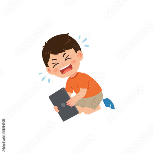 boy crying angrily while imagining losing tablet during restricted screen-time