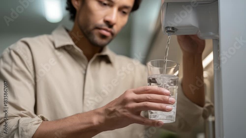 Man filling glass with fresh water from home dispenser for hydration