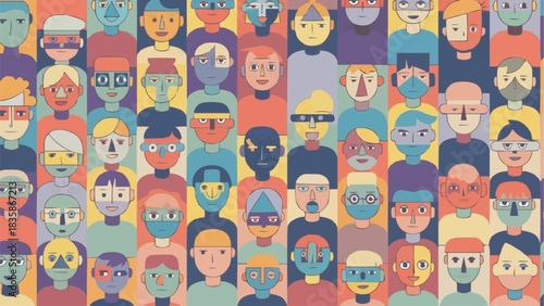 Diverse group of stylized faces representing community and individuality in a vibrant display.