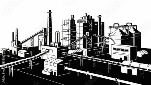 Industrial Factory Complex with Smokestacks and Conveyor Belts.