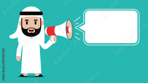 Cartoon Arab Man With Megaphone and Speech Bubble Against a Teal Background Advertisement