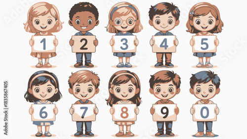Cartoon Children Holding Numbers One to Zero Colorful Kids Learning Numbers Illustration, Design