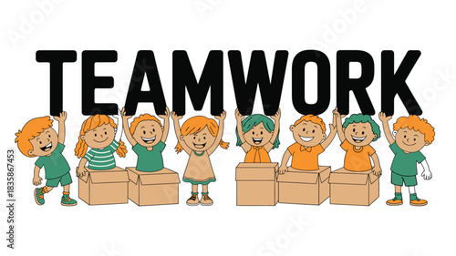 Cartoon Children Holding Teamwork Letters While Standing in Boxes Illustrating Collaboration and Unity