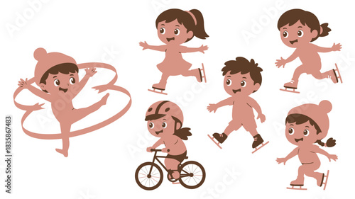 Cartoon Children Ice Skating and Riding a Bicycle on White Background Cute Illustration