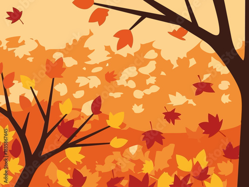 Vibrant autumnal scene with leaves gracefully falling from barren trees, carpeting the ground in a beautiful display of the season's change, evoking the crisp atmosphere of the outdoors