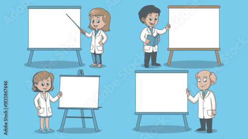 Cartoon Doctors Presenting on White Boards, Colorful Educational Presentation, Scientific Concept Illustration