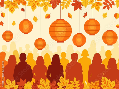 Autumn Festival Celebration with Hanging Lanterns and Silhouettes of People Against a Light Background