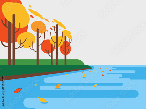 Autumnal riverside scene with trees, water, and falling leaves creating a serene landscape