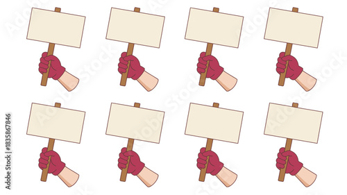 Cartoon Hands Holding Blank Signs with Maroon Gloves Pattern Against White Background for Protests