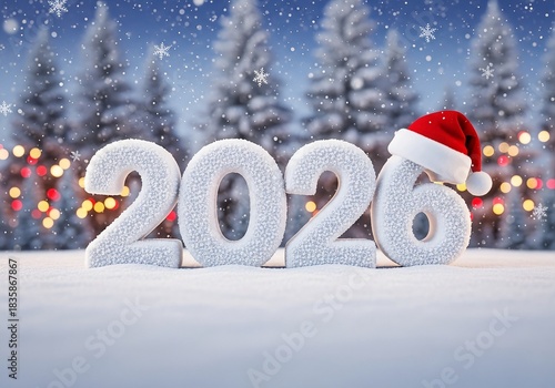 Snowy 2026 New Year Wallpaper: 3D Frosted Text with Santa Hat & Winter Forest Background