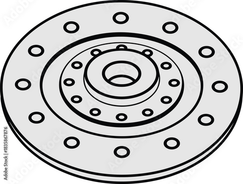 Gear hub vector, flange component, CAD drawing, black and white illustration, engineering schematic, industrial part, concentric holes, machine design, technical diagram, precision element