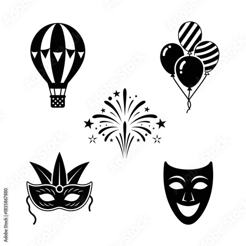 Celebrate special moments with vibrant party icons, including balloons, fireworks, and festive masks, perfect for event promotions.