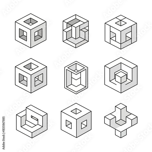 Abstract 3D cube designs featuring geometric shapes and architectural elements, perfect for modern design concepts and branding