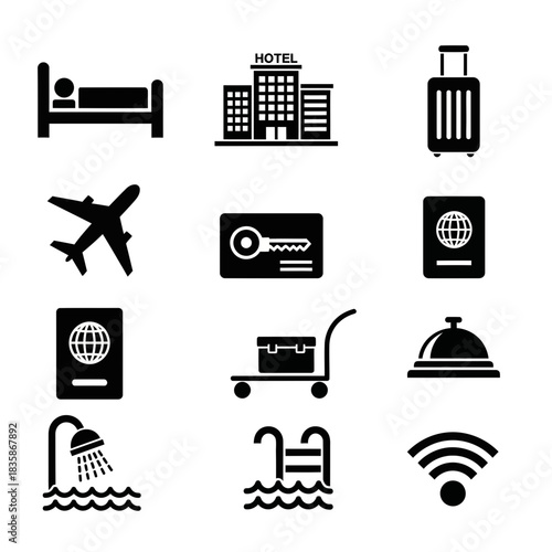 Travel and hotel icons representing vacation, international trips, and comfortable stays for use in travel marketing and booking websites