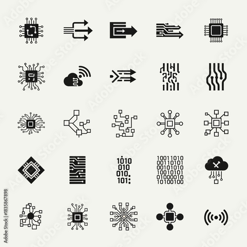 Modern digital technology icons representing data, circuits, cloud computing, and wireless connectivity for innovative business and tech concepts