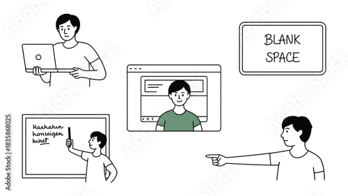 Cartoon Illustration of a Young Man Giving a Presentation with Laptop and Whiteboard Display