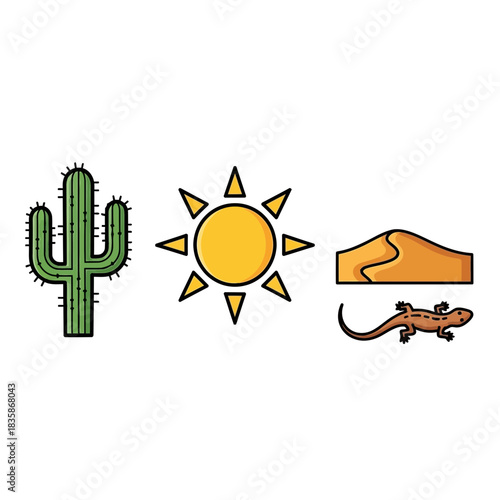 Vibrant desert scene featuring cactus, blazing sun, sand dune, and lizard, perfect for travel, nature, or educational projects