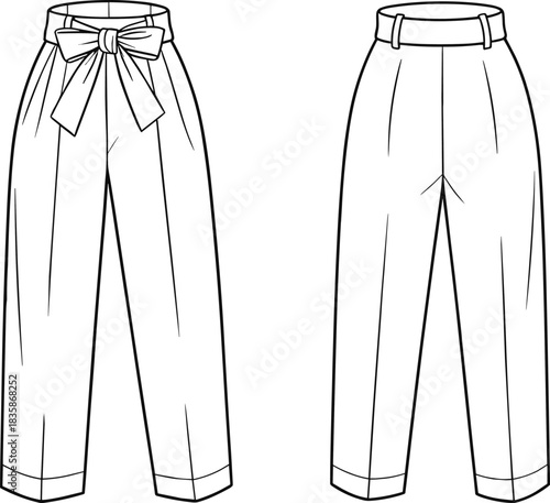 High-waisted trousers, front view comparison, technical flat sketch, fashion cad, vector illustration, cuffed hem, garment construction, apparel template