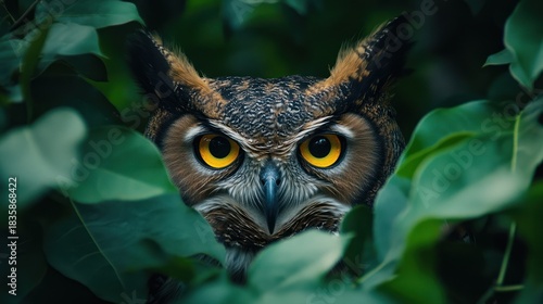 Owl peering through leaves, forest background, wildlife photography, nature