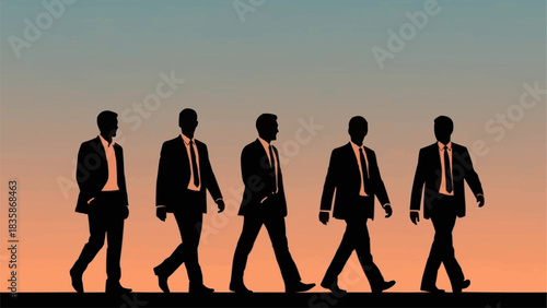 Silhouetted Business Professionals Walking Together in a Line.