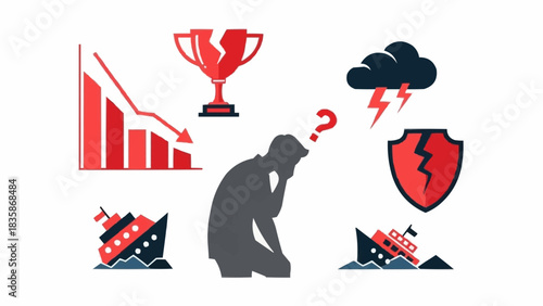 Conceptual illustration of business failure and financial crisis with a pensive figure.