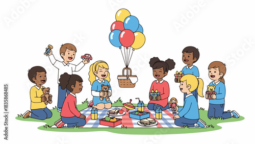 A group of children are having a picnic on a checkered blanket with balloons, toys, food, and drinks.