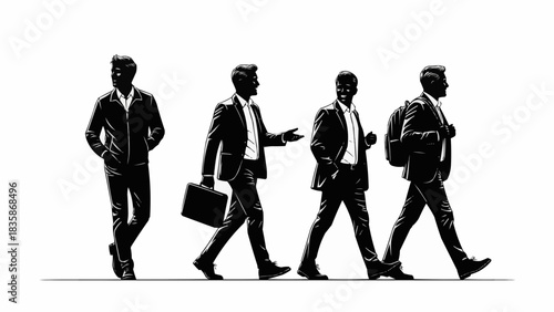 Silhouette of Business Professionals Walking Forward in Various Attires.